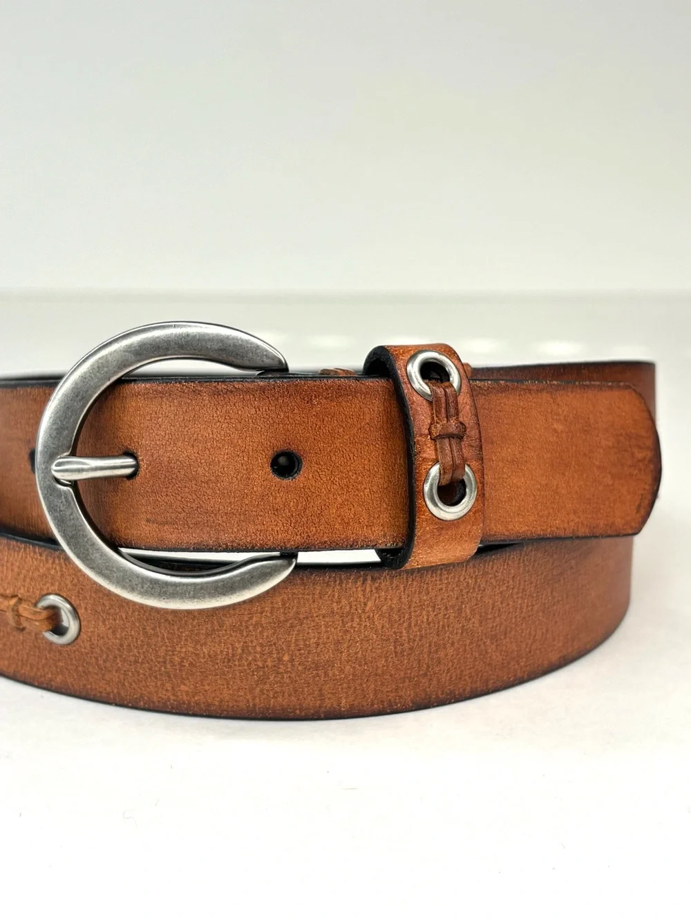 ROLFS Rustic Tan‎ Woven Leather Boho Western Belt Silver Grommets Ring Buckle LG